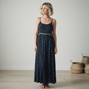 ROOTED India Boho Maxi Dress 11 Navy Blue Embroidered Triangle Print Artisanal